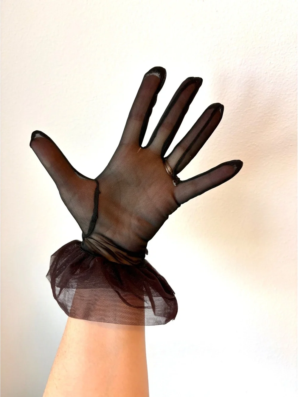 Vintage Black Sheer Nylon Gloves Tulle Ruffle Cuffs Faux Pearl Formal 1960s